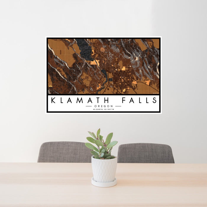 24x36 Klamath Falls Oregon Map Print Landscape Orientation in Ember Style Behind 2 Chairs Table and Potted Plant