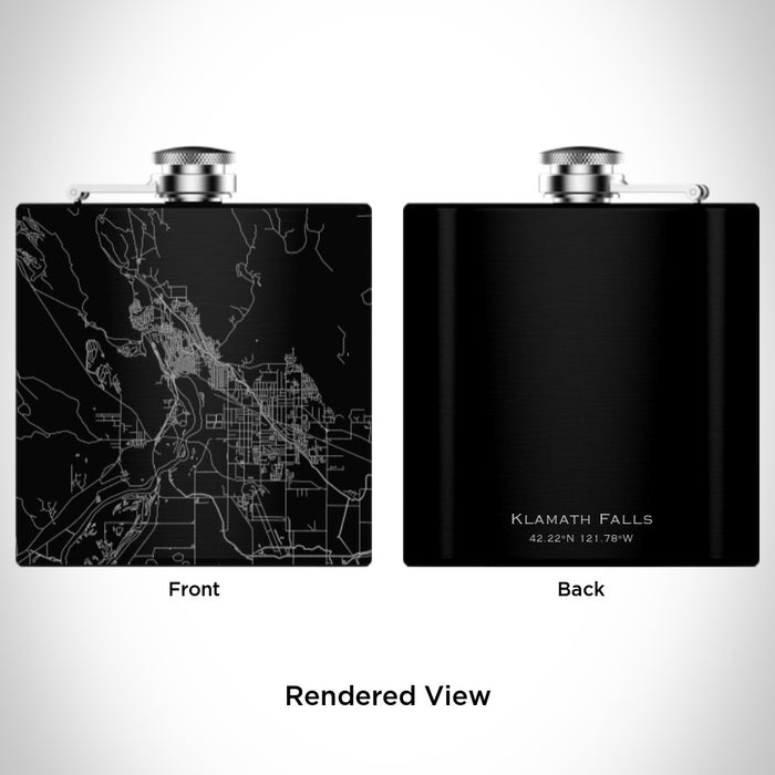 Rendered View of Klamath Falls Oregon Map Engraving on 6oz Stainless Steel Flask in Black