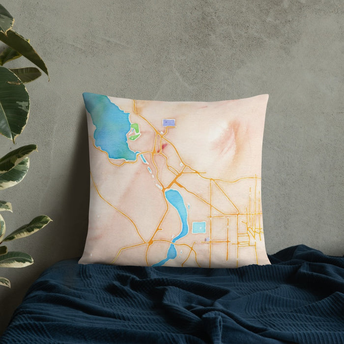 Custom Klamath Falls Oregon Map Throw Pillow in Watercolor on Bedding Against Wall