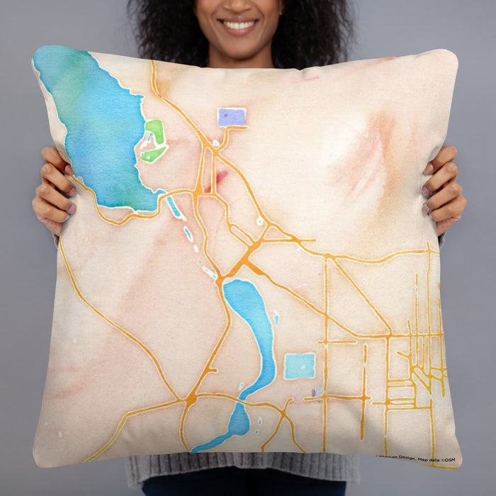 Person holding 22x22 Custom Klamath Falls Oregon Map Throw Pillow in Watercolor