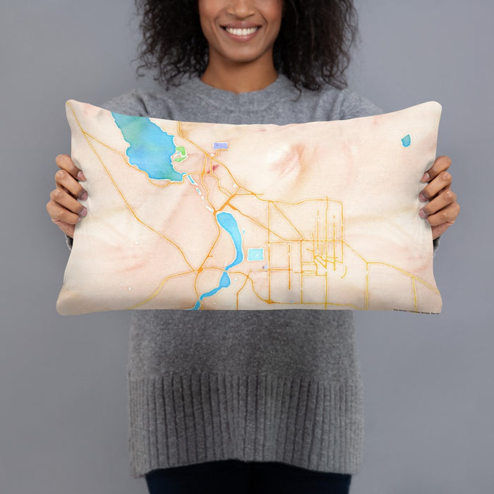 Person holding 20x12 Custom Klamath Falls Oregon Map Throw Pillow in Watercolor