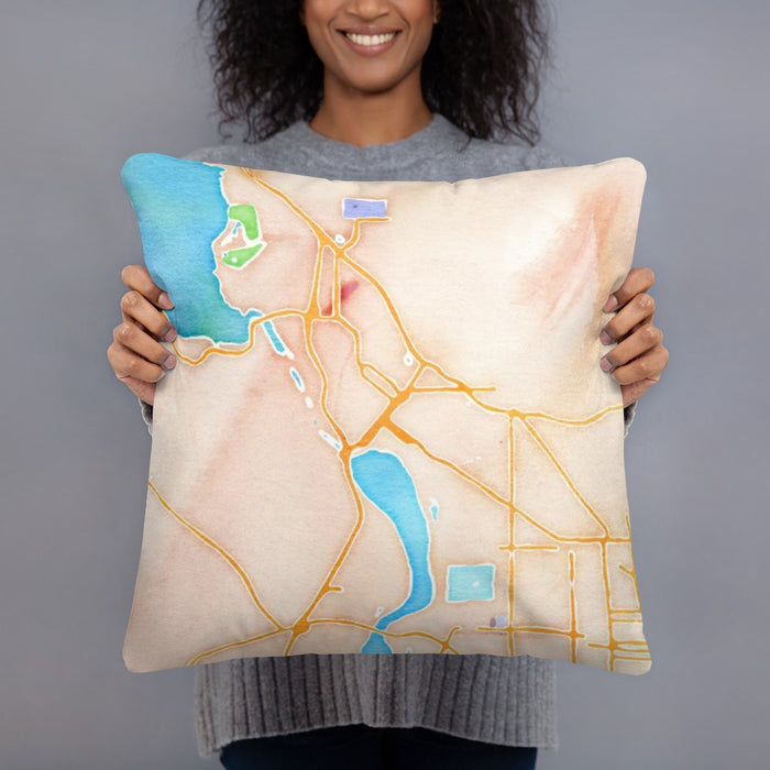 Person holding 18x18 Custom Klamath Falls Oregon Map Throw Pillow in Watercolor