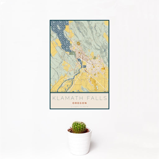12x18 Klamath Falls Oregon Map Print Portrait Orientation in Woodblock Style With Small Cactus Plant in White Planter