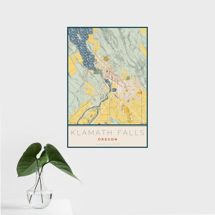 16x24 Klamath Falls Oregon Map Print Portrait Orientation in Woodblock Style With Tropical Plant Leaves in Water