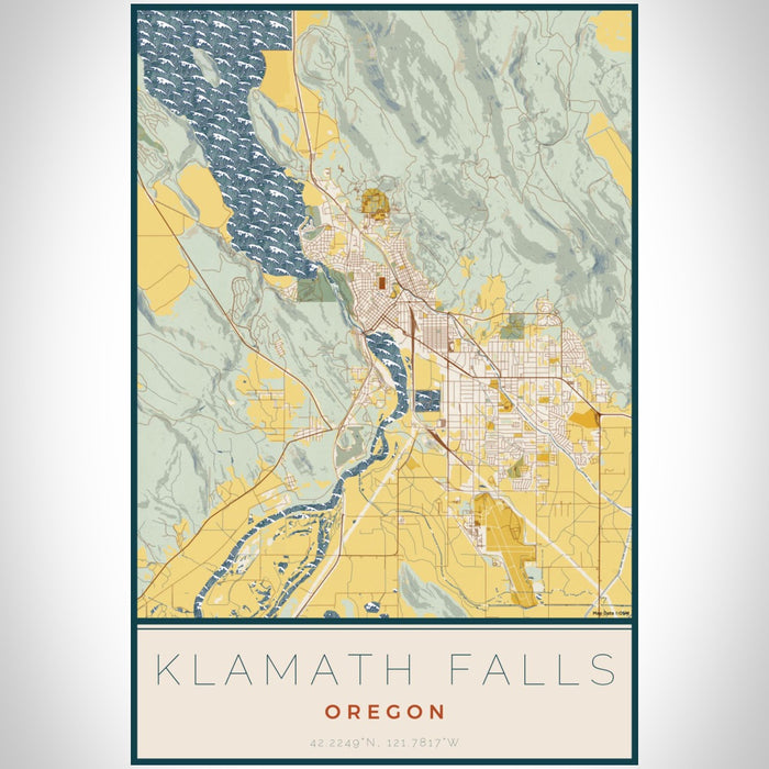 Klamath Falls Oregon Map Print Portrait Orientation in Woodblock Style With Shaded Background