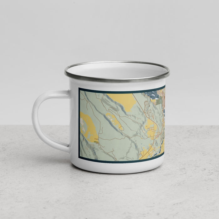 Left View Custom Klamath Falls Oregon Map Enamel Mug in Woodblock