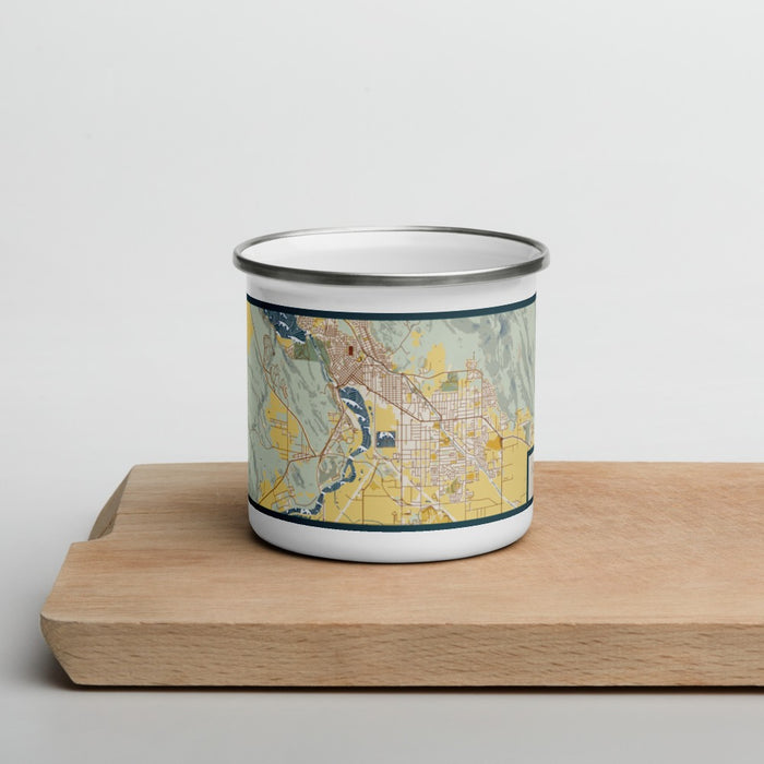 Front View Custom Klamath Falls Oregon Map Enamel Mug in Woodblock on Cutting Board