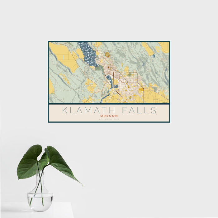 16x24 Klamath Falls Oregon Map Print Landscape Orientation in Woodblock Style With Tropical Plant Leaves in Water