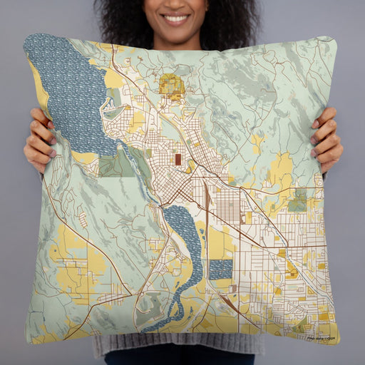 Person holding 22x22 Custom Klamath Falls Oregon Map Throw Pillow in Woodblock