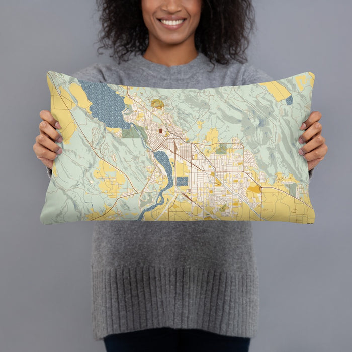 Person holding 20x12 Custom Klamath Falls Oregon Map Throw Pillow in Woodblock
