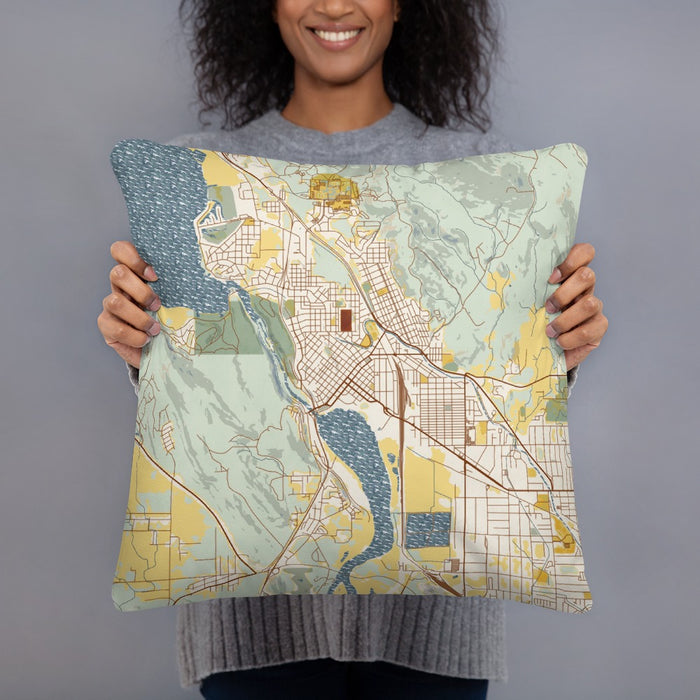 Person holding 18x18 Custom Klamath Falls Oregon Map Throw Pillow in Woodblock