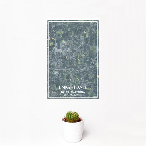 12x18 Knightdale North Carolina Map Print Portrait Orientation in Afternoon Style With Small Cactus Plant in White Planter
