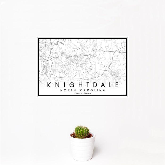 12x18 Knightdale North Carolina Map Print Landscape Orientation in Classic Style With Small Cactus Plant in White Planter