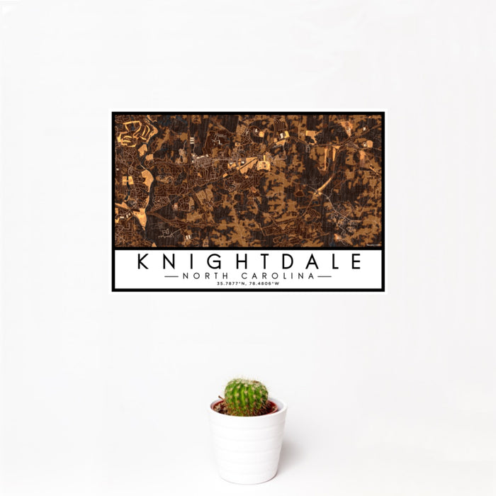 12x18 Knightdale North Carolina Map Print Landscape Orientation in Ember Style With Small Cactus Plant in White Planter