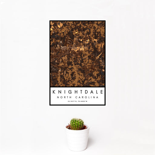 12x18 Knightdale North Carolina Map Print Portrait Orientation in Ember Style With Small Cactus Plant in White Planter