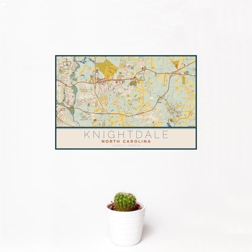 12x18 Knightdale North Carolina Map Print Landscape Orientation in Woodblock Style With Small Cactus Plant in White Planter