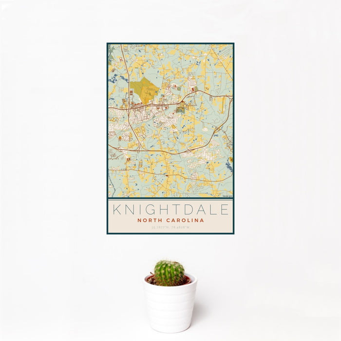 12x18 Knightdale North Carolina Map Print Portrait Orientation in Woodblock Style With Small Cactus Plant in White Planter