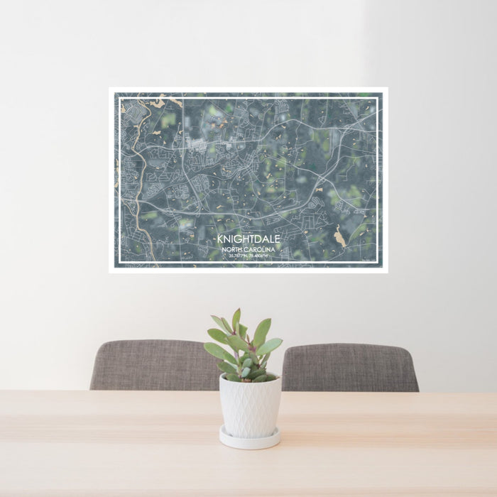 24x36 Knightdale North Carolina Map Print Lanscape Orientation in Afternoon Style Behind 2 Chairs Table and Potted Plant
