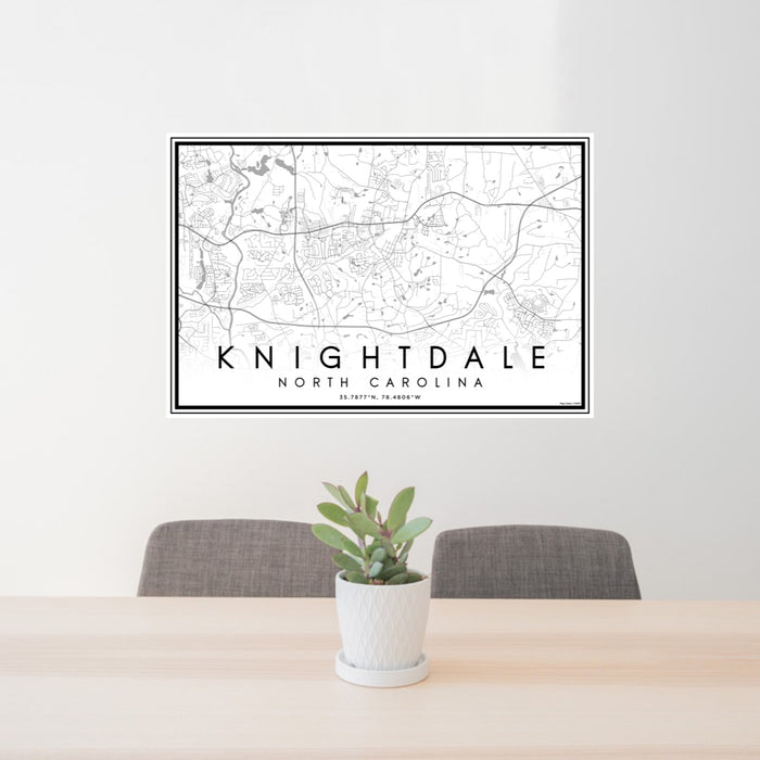 24x36 Knightdale North Carolina Map Print Lanscape Orientation in Classic Style Behind 2 Chairs Table and Potted Plant