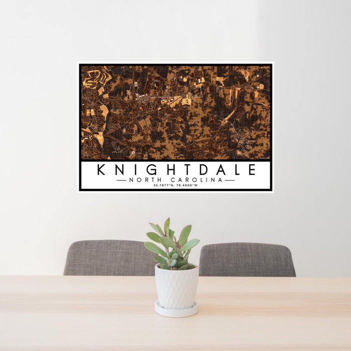 24x36 Knightdale North Carolina Map Print Lanscape Orientation in Ember Style Behind 2 Chairs Table and Potted Plant