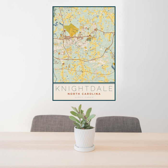 24x36 Knightdale North Carolina Map Print Portrait Orientation in Woodblock Style Behind 2 Chairs Table and Potted Plant