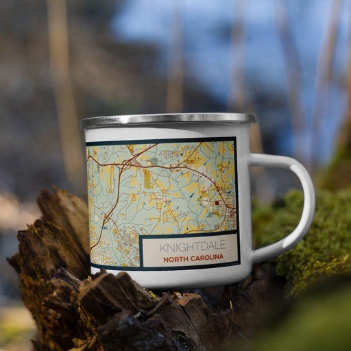 Right View Custom Knightdale North Carolina Map Enamel Mug in Woodblock on Grass With Trees in Background
