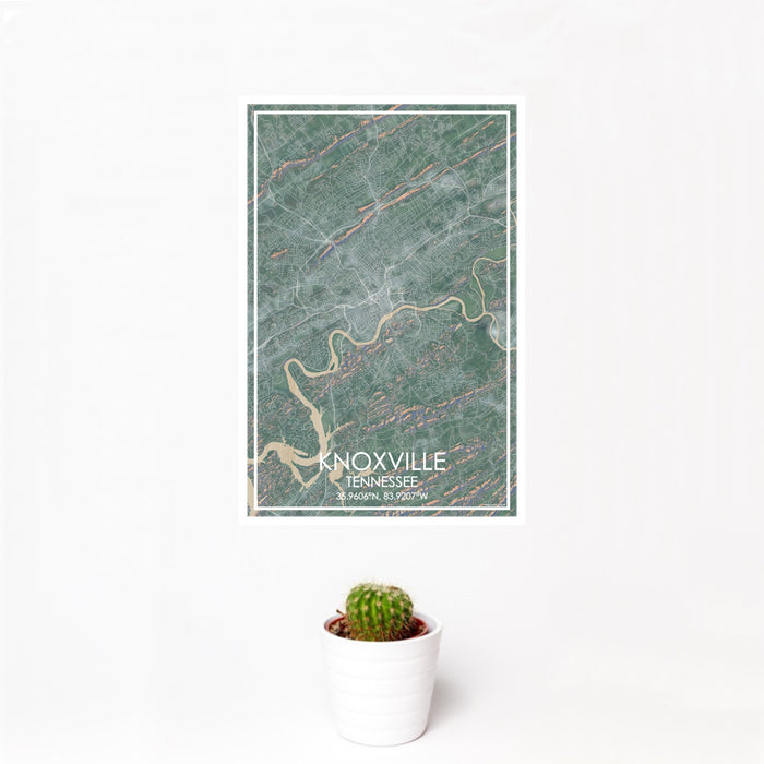 12x18 Knoxville Tennessee Map Print Portrait Orientation in Afternoon Style With Small Cactus Plant in White Planter