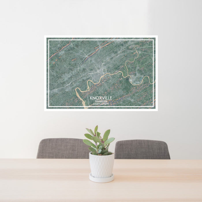 24x36 Knoxville Tennessee Map Print Lanscape Orientation in Afternoon Style Behind 2 Chairs Table and Potted Plant