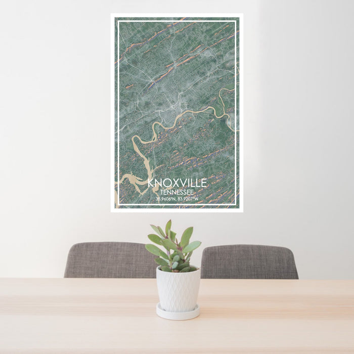 24x36 Knoxville Tennessee Map Print Portrait Orientation in Afternoon Style Behind 2 Chairs Table and Potted Plant