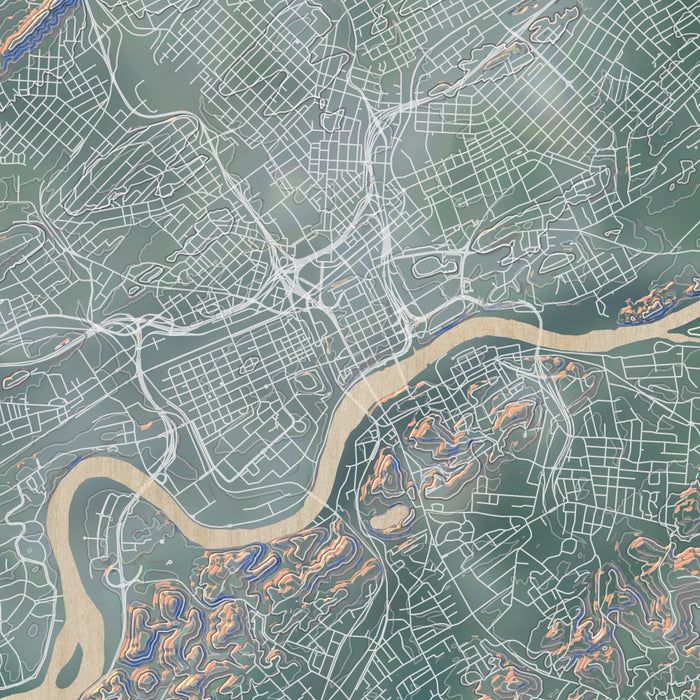 Knoxville Tennessee Map Print in Afternoon Style Zoomed In Close Up Showing Details
