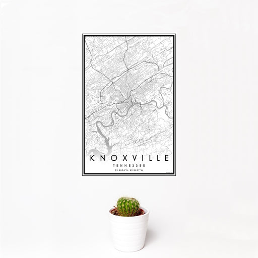 12x18 Knoxville Tennessee Map Print Portrait Orientation in Classic Style With Small Cactus Plant in White Planter