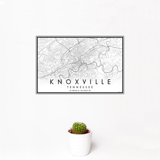 12x18 Knoxville Tennessee Map Print Landscape Orientation in Classic Style With Small Cactus Plant in White Planter