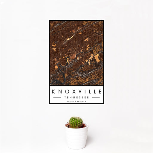 12x18 Knoxville Tennessee Map Print Portrait Orientation in Ember Style With Small Cactus Plant in White Planter