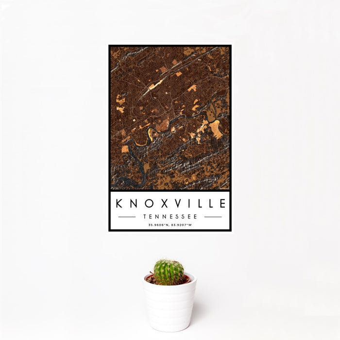 12x18 Knoxville Tennessee Map Print Portrait Orientation in Ember Style With Small Cactus Plant in White Planter