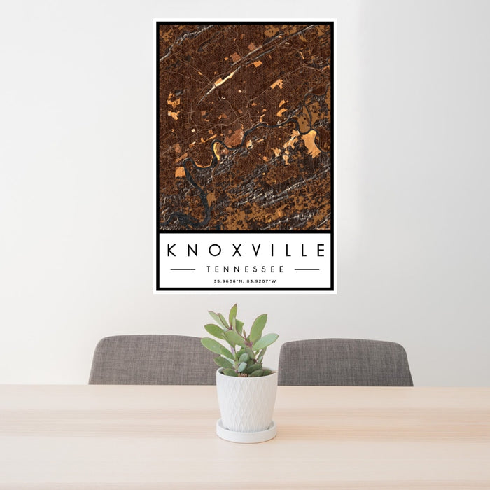 24x36 Knoxville Tennessee Map Print Portrait Orientation in Ember Style Behind 2 Chairs Table and Potted Plant