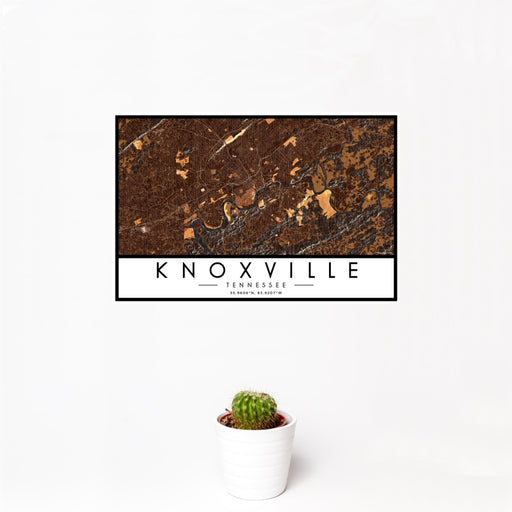 12x18 Knoxville Tennessee Map Print Landscape Orientation in Ember Style With Small Cactus Plant in White Planter