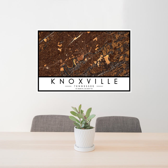 24x36 Knoxville Tennessee Map Print Landscape Orientation in Ember Style Behind 2 Chairs Table and Potted Plant