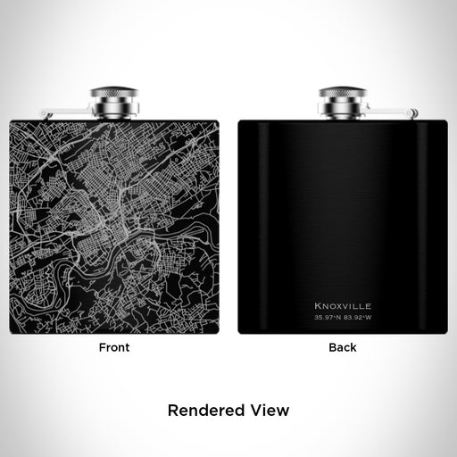 Rendered View of Knoxville Tennessee Map Engraving on 6oz Stainless Steel Flask in Black