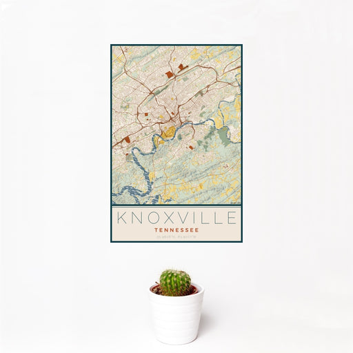 12x18 Knoxville Tennessee Map Print Portrait Orientation in Woodblock Style With Small Cactus Plant in White Planter