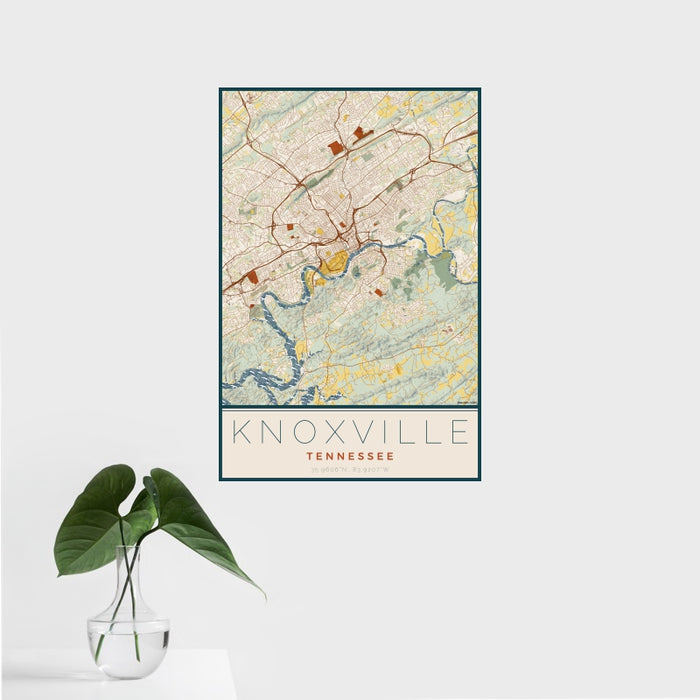 16x24 Knoxville Tennessee Map Print Portrait Orientation in Woodblock Style With Tropical Plant Leaves in Water