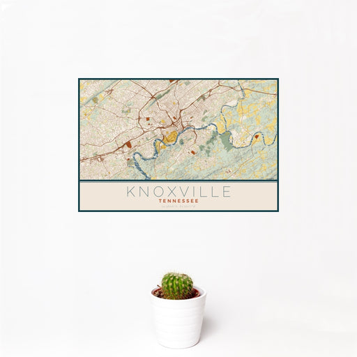 12x18 Knoxville Tennessee Map Print Landscape Orientation in Woodblock Style With Small Cactus Plant in White Planter