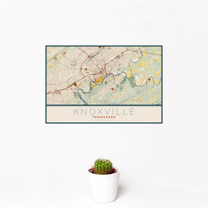 12x18 Knoxville Tennessee Map Print Landscape Orientation in Woodblock Style With Small Cactus Plant in White Planter