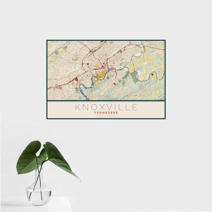 16x24 Knoxville Tennessee Map Print Landscape Orientation in Woodblock Style With Tropical Plant Leaves in Water