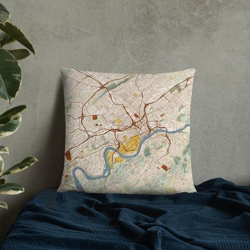 Custom Knoxville Tennessee Map Throw Pillow in Woodblock on Bedding Against Wall