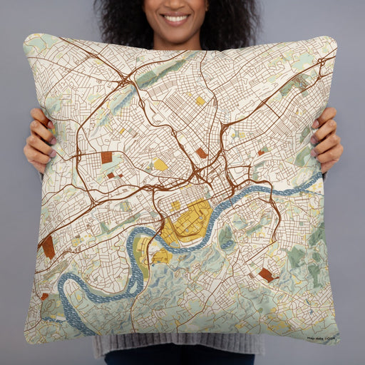Person holding 22x22 Custom Knoxville Tennessee Map Throw Pillow in Woodblock