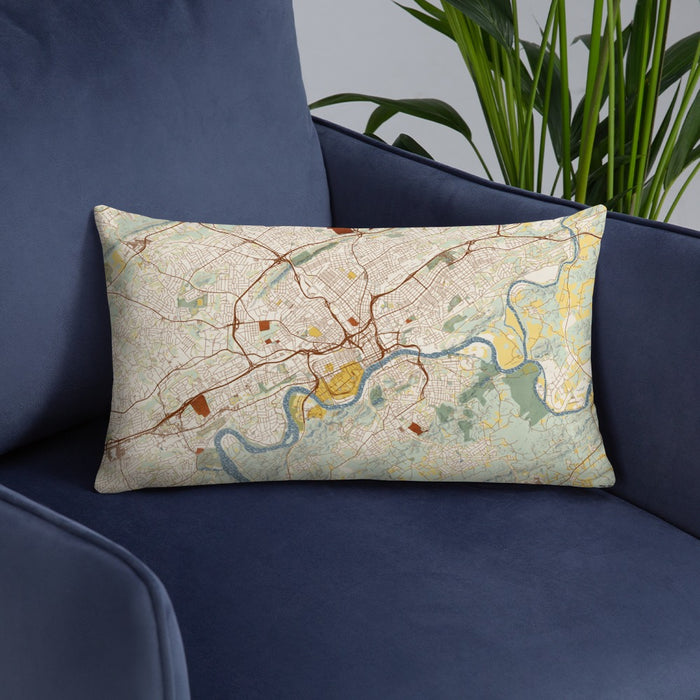 Custom Knoxville Tennessee Map Throw Pillow in Woodblock on Blue Colored Chair