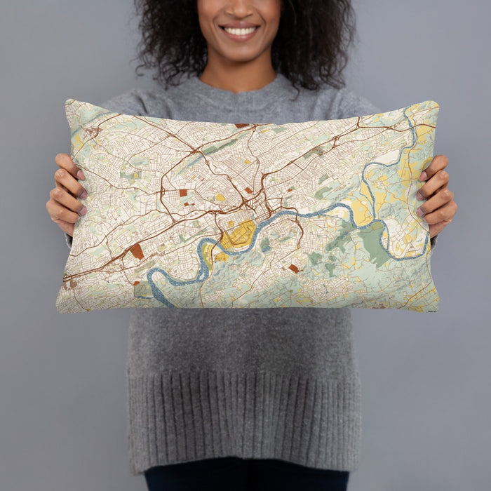 Person holding 20x12 Custom Knoxville Tennessee Map Throw Pillow in Woodblock