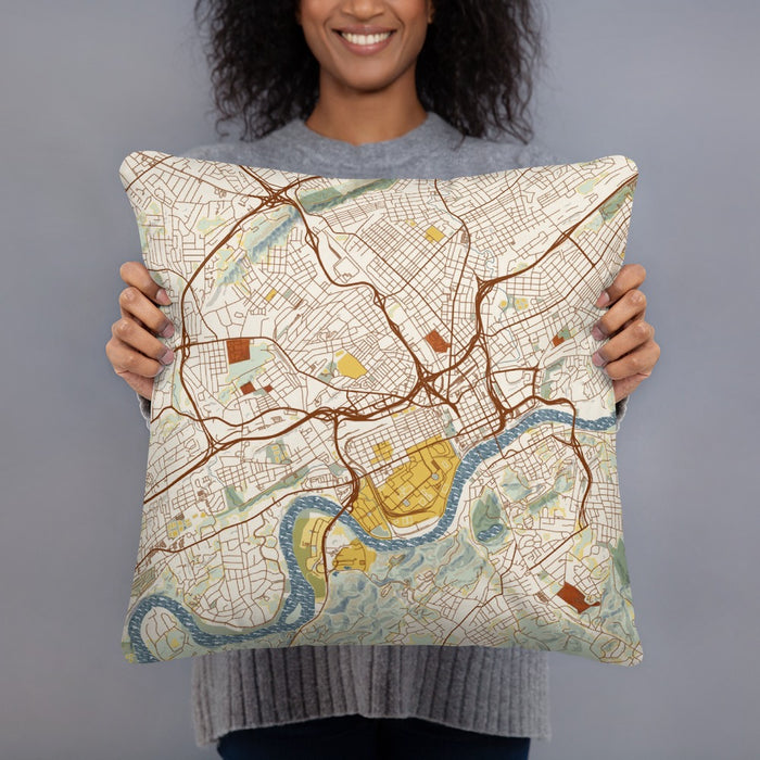 Person holding 18x18 Custom Knoxville Tennessee Map Throw Pillow in Woodblock