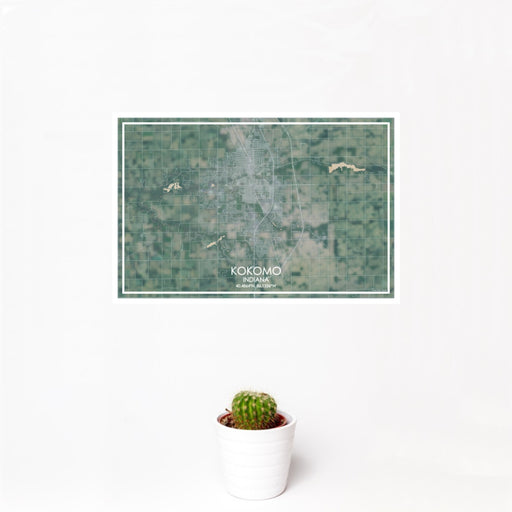 12x18 Kokomo Indiana Map Print Landscape Orientation in Afternoon Style With Small Cactus Plant in White Planter