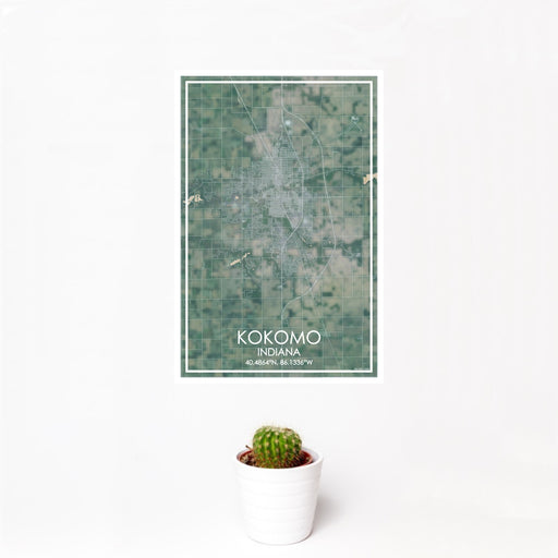 12x18 Kokomo Indiana Map Print Portrait Orientation in Afternoon Style With Small Cactus Plant in White Planter